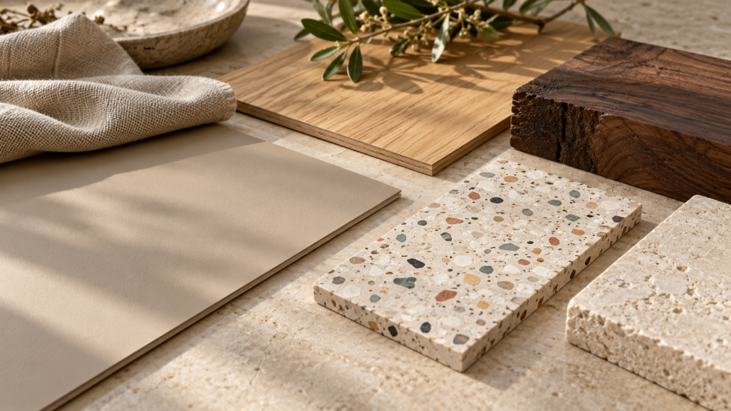 Editorial material palette with wood, textured fabric and pale mineral surfaces