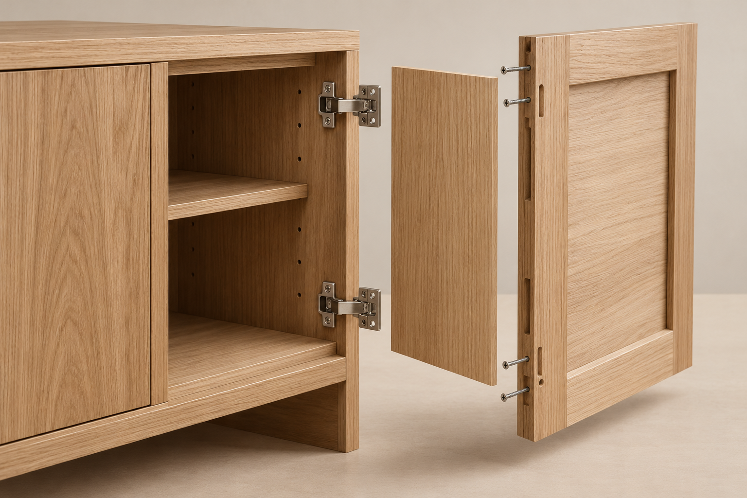 Conceptual exploded view of replaceable wooden cabinet components