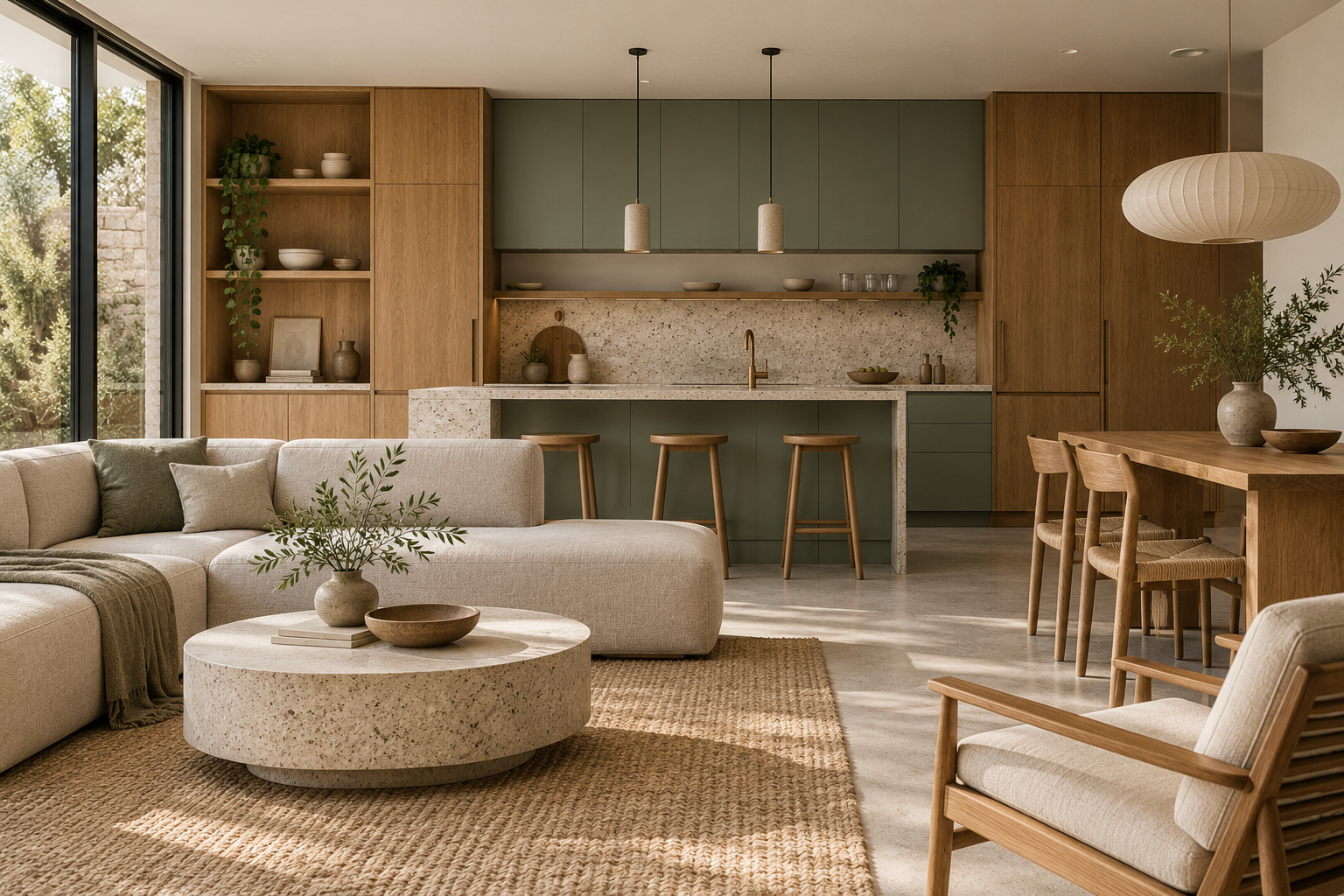Concept interior combining oak, sage fronts and terrazzo-inspired surfaces