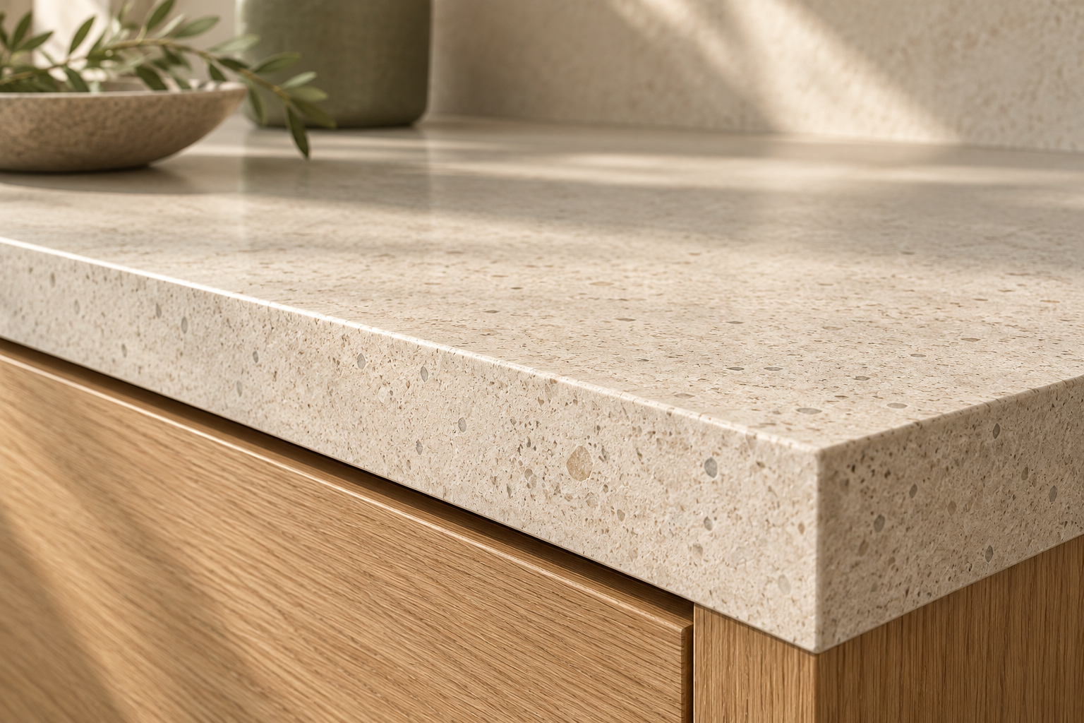 Detail of a pale mineral-inspired countertop and oak cabinet front