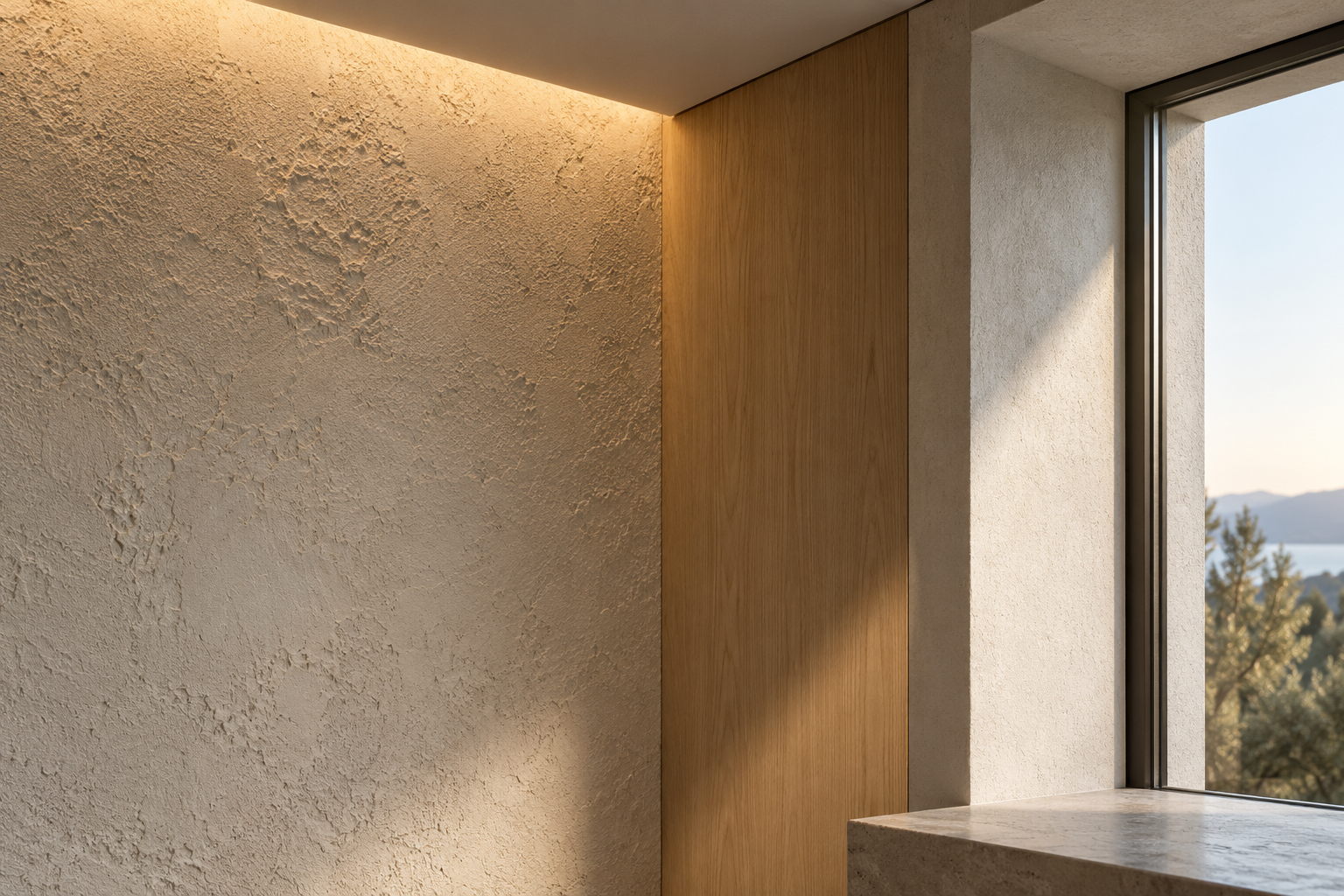 Daylight and grazing light on a textured wall and timber panel