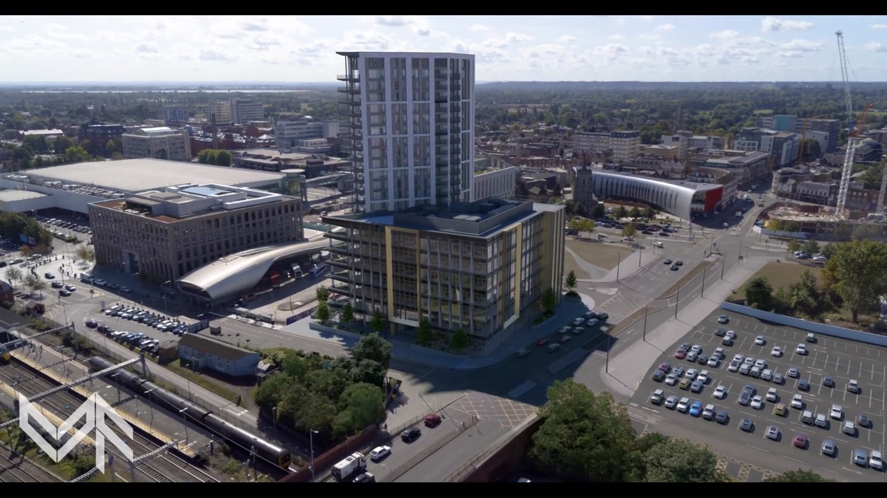 CGI tower integrated into its urban setting — Vizform