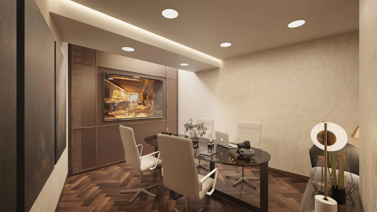 Espacio de trabajo de Office FC con escritorio y silla tapizada