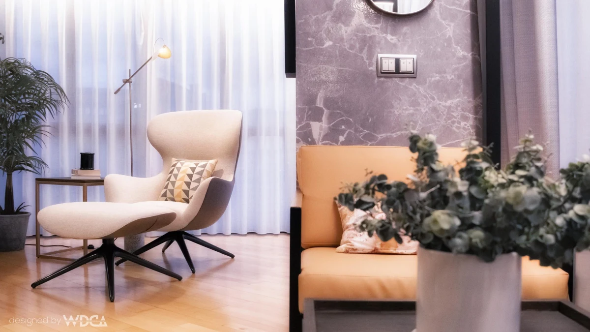 Living room armchair with a geometric cushion