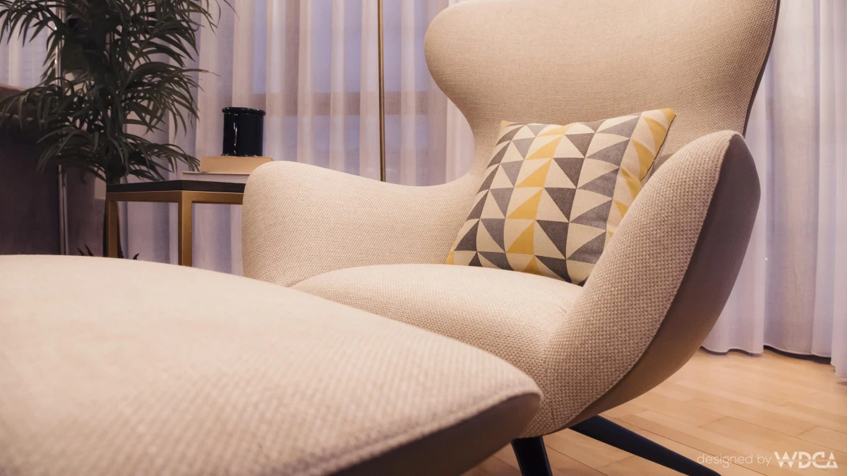 Living room armchair with a geometric cushion