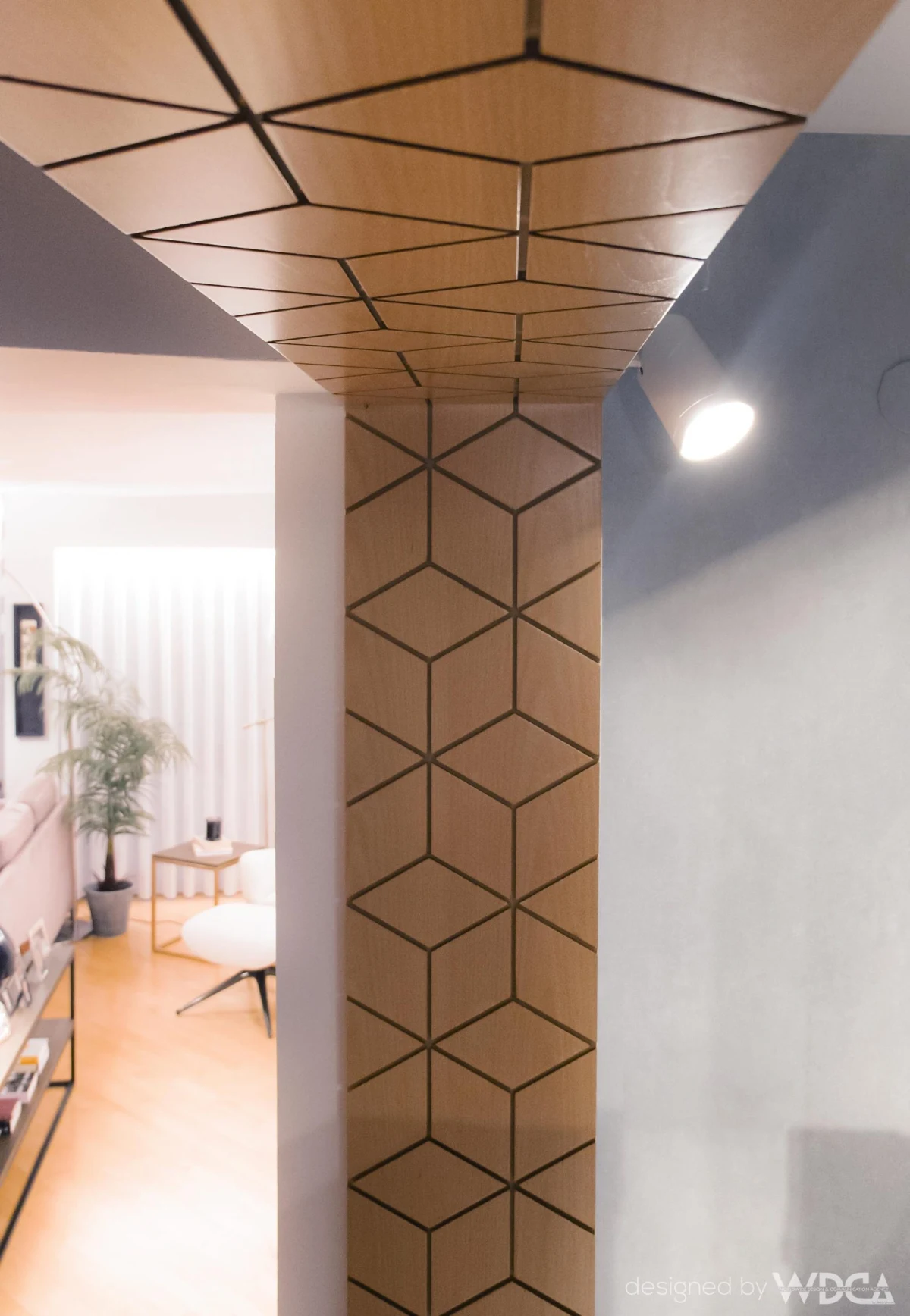 Timber column with geometric wall pattern