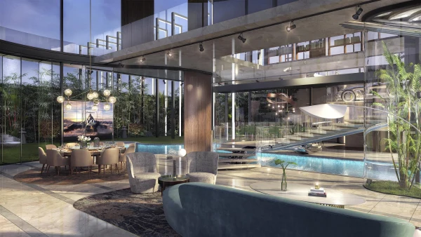 Lake house living room opening onto the pool