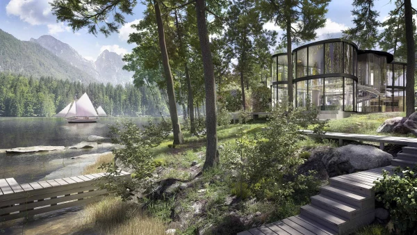 Glass lake house surrounded by woodland