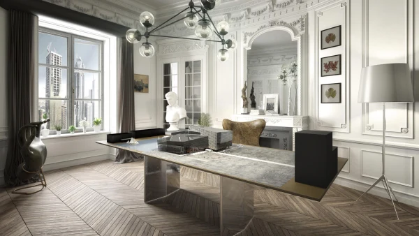 Bright home office with wall mouldings