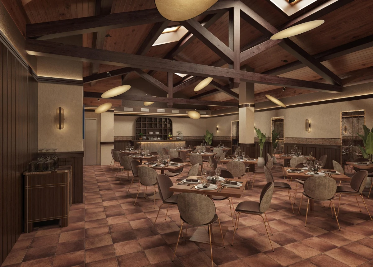 Render de restaurante con mesas y vigas de madera
