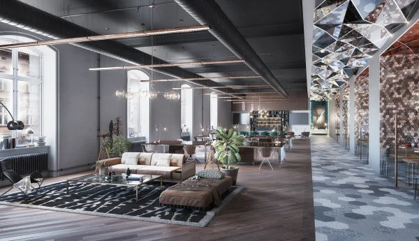 Living room with stone wall and slatted ceiling