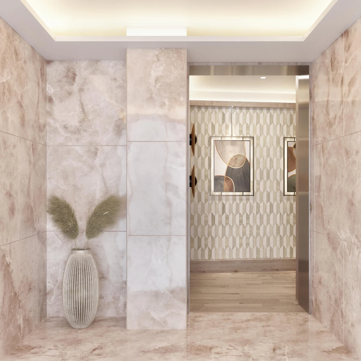 Portal Pintor Oliva 01 Pintor Oliva entrance hall renovation with timber and stone finishes