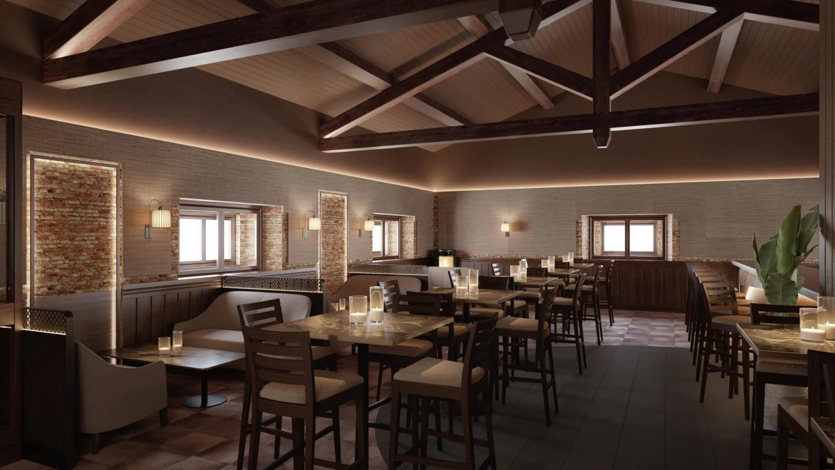 Render de restaurante con mesas y vigas de madera