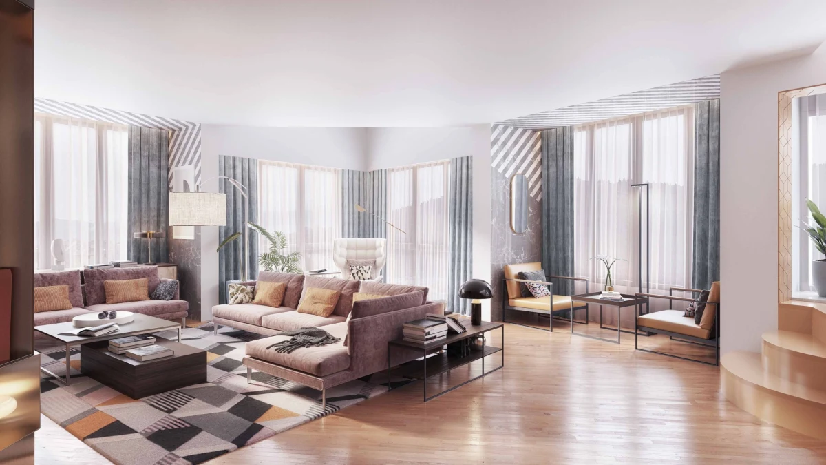 Salón de vivienda FC con acabados cálidos y grandes ventanales