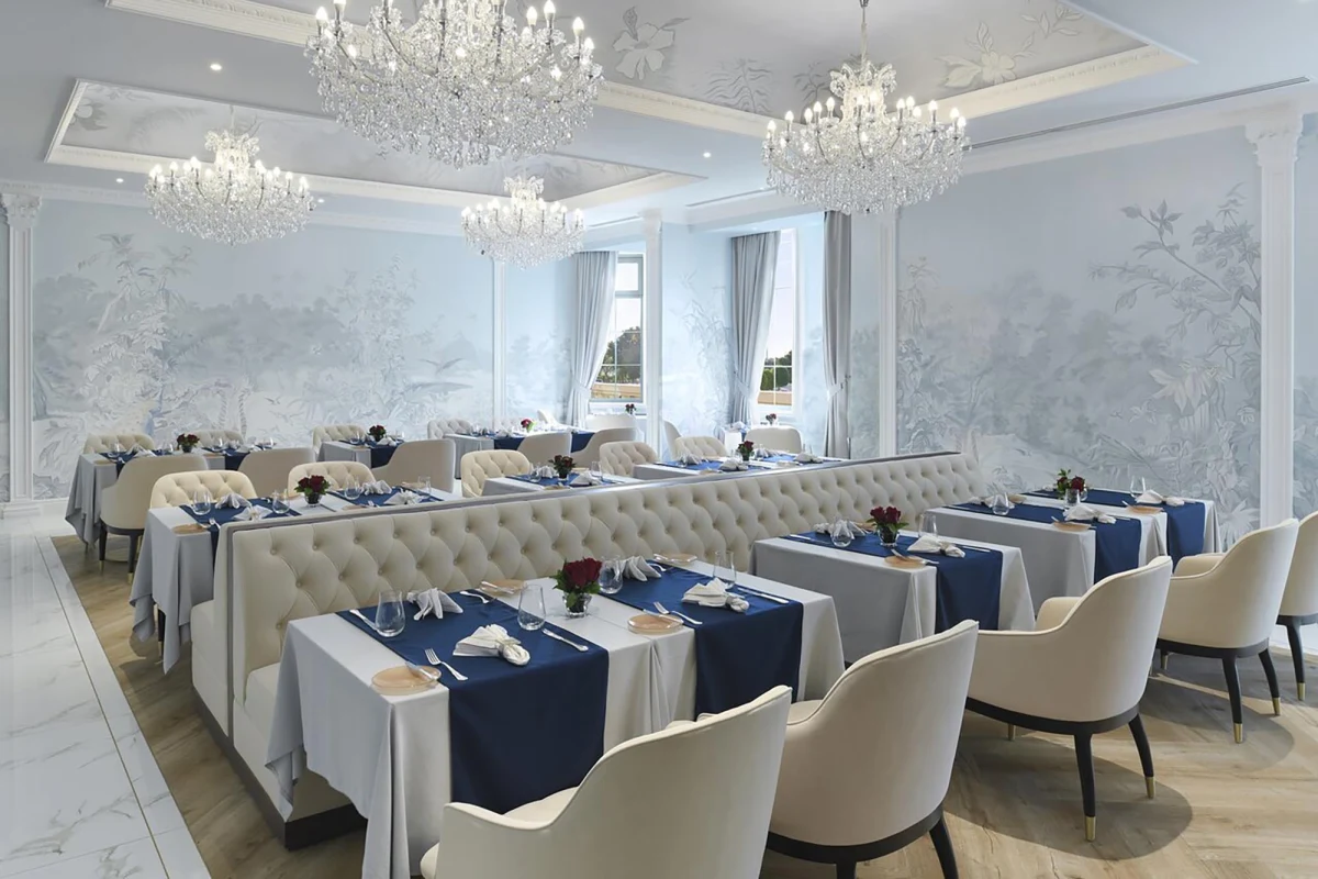 Primavera-restaurant-01-sheraton-doha-hotel-interior-design-wdca Primavera restaurant at Sheraton Doha with chandeliers and pale blue walls