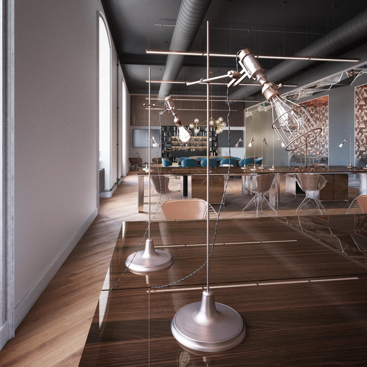 Lámparas metálicas escultóricas en un interior contemporáneo