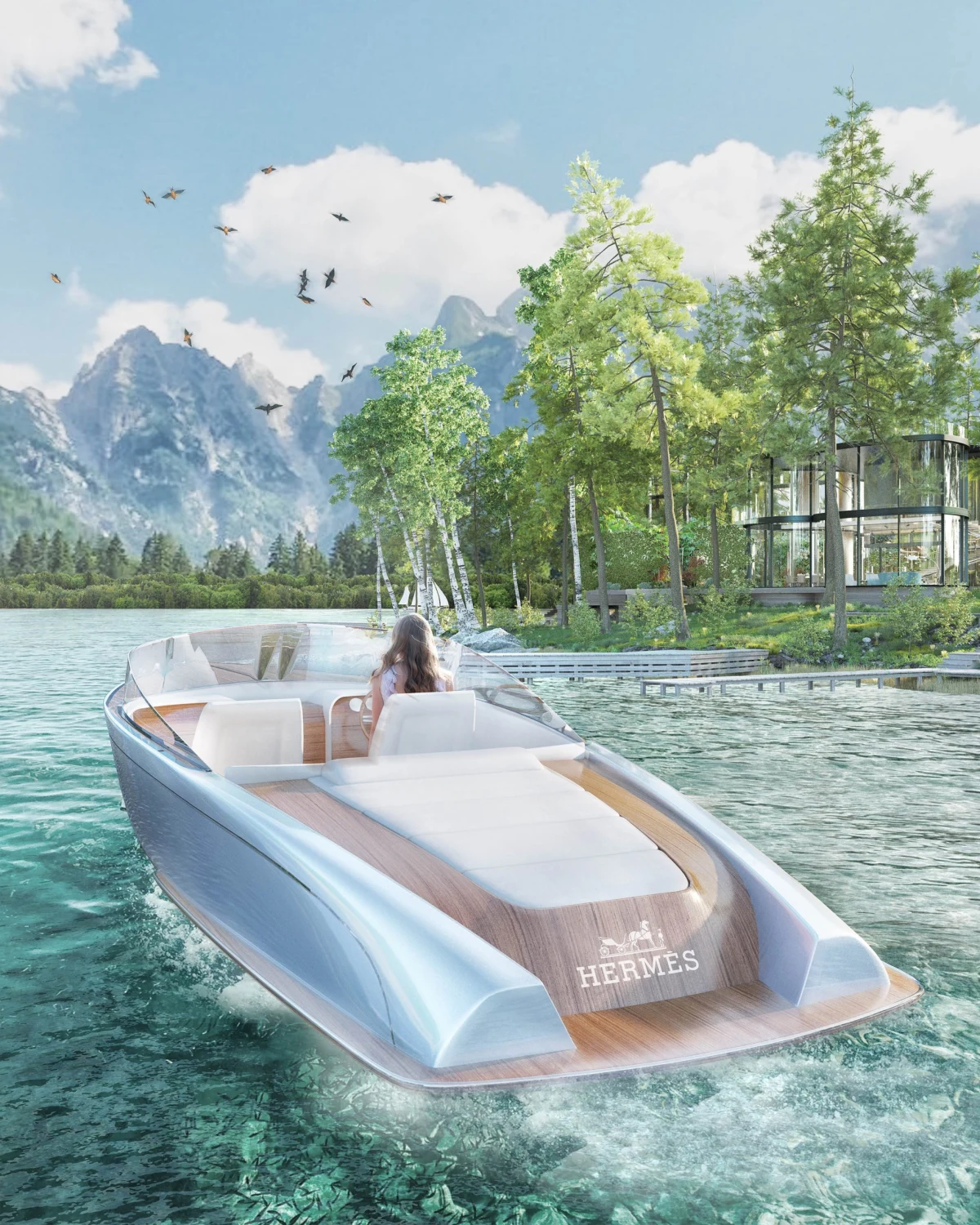 Hermès concept boat on a mountain lake