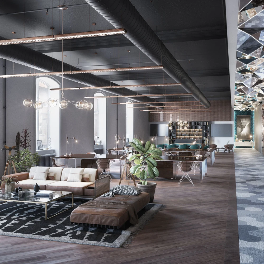 Gran interior contemporáneo con zonas de estar e iluminación escultórica