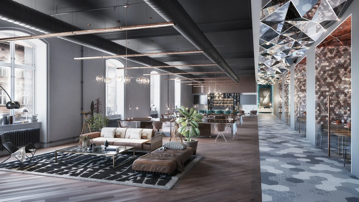 Gran interior contemporáneo con zonas de estar e iluminación escultórica