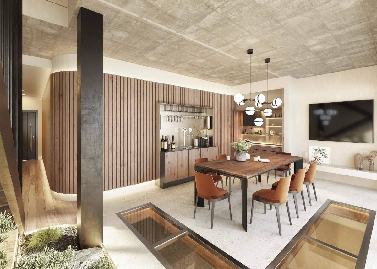 P0_Choco 01 Casa JR dining room with timber table and pendant lighting
