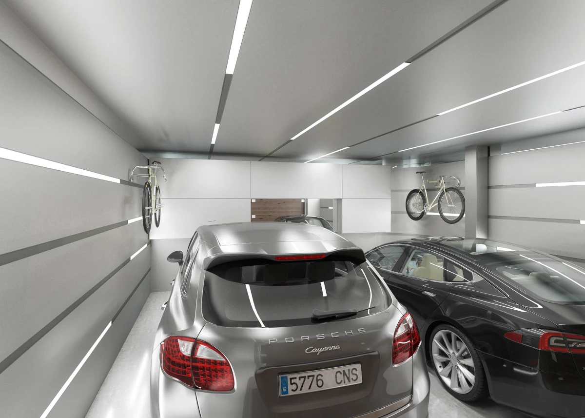 P0_Garaje 01 Casa JR garage with linear ceiling lighting