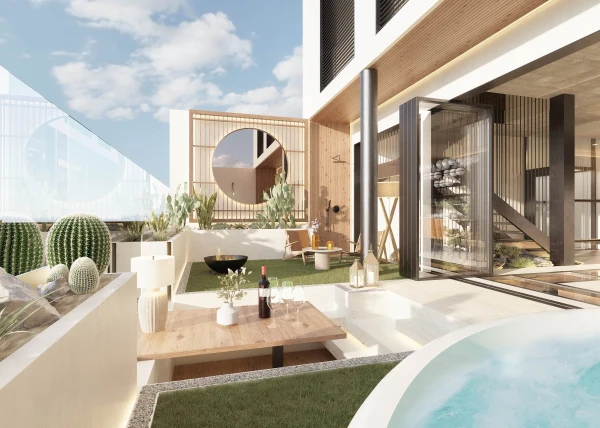 Pool terrace beneath a timber canopy
