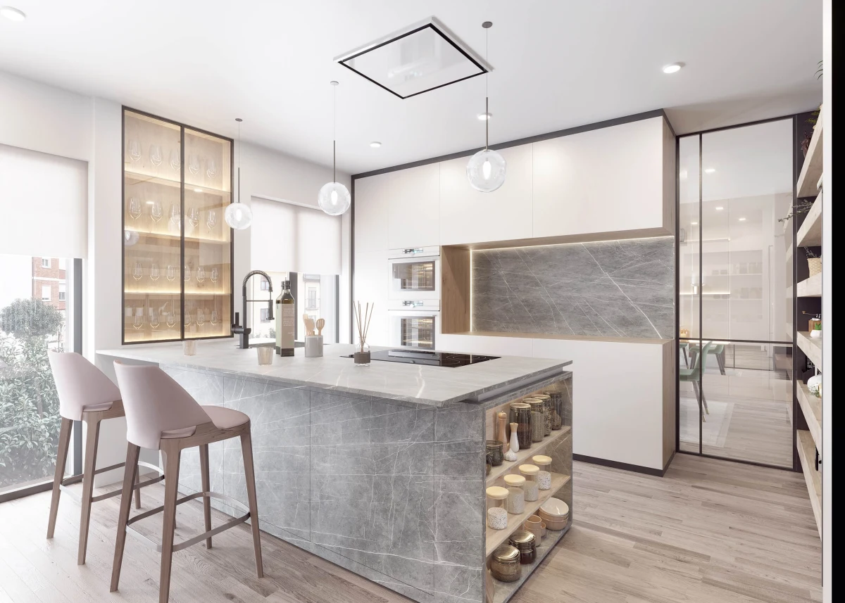 P1_Cocina OP02 Casa JR kitchen with island and glazed cabinetry