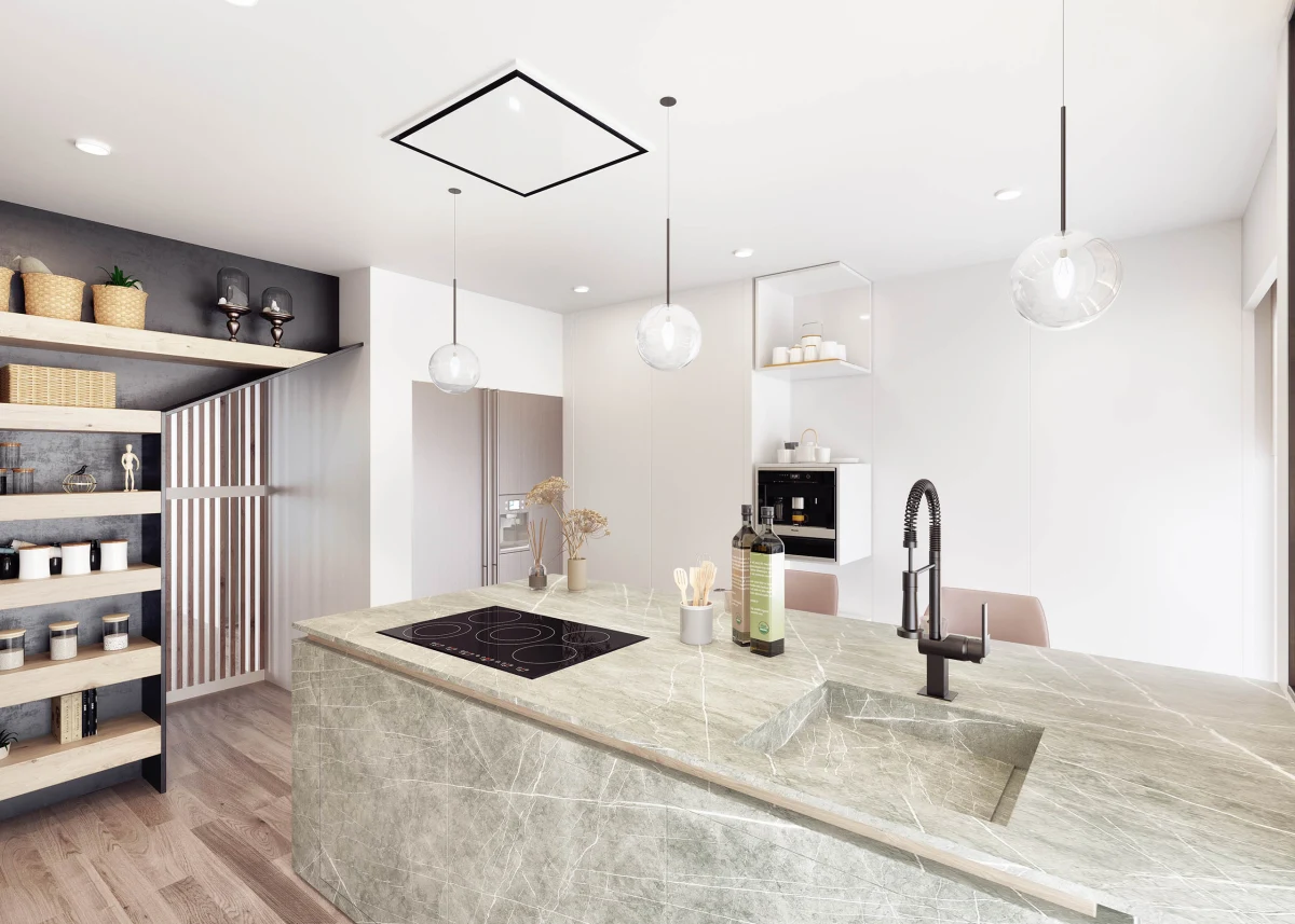 P1_Cocina puertas cerradas Casa JR kitchen with island and glazed cabinetry