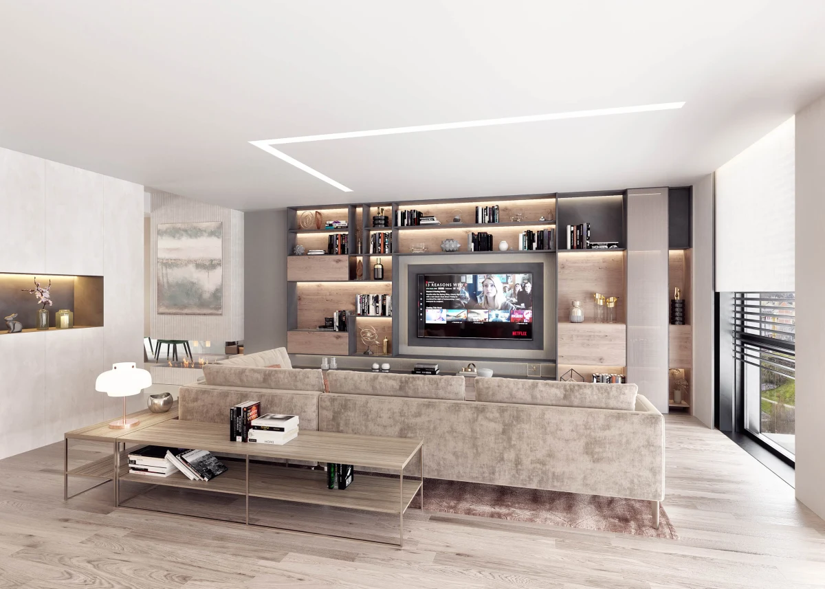 P1_Salón frontal Casa JR living room with stone finishes and television