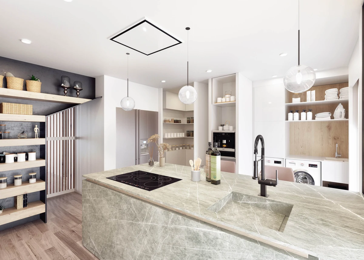 P1_cocina 02 Casa JR kitchen with island and glazed cabinetry