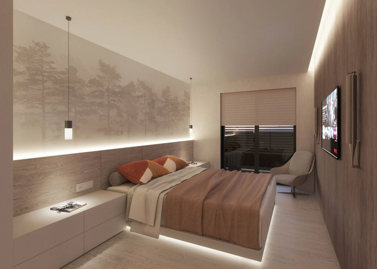 P2_Habitación Suite noche_01 Casa JR suite bedroom with upholstered headboard
