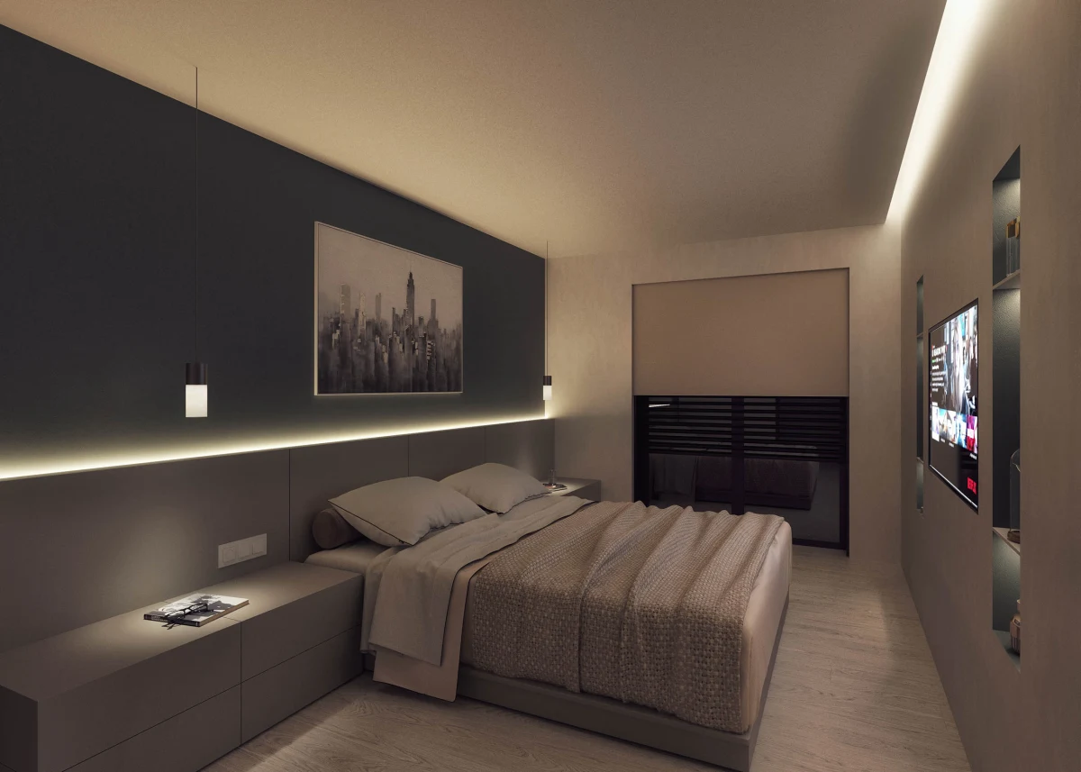 P2_Habitación principal noche op2 Casa JR bedroom with dark feature wall