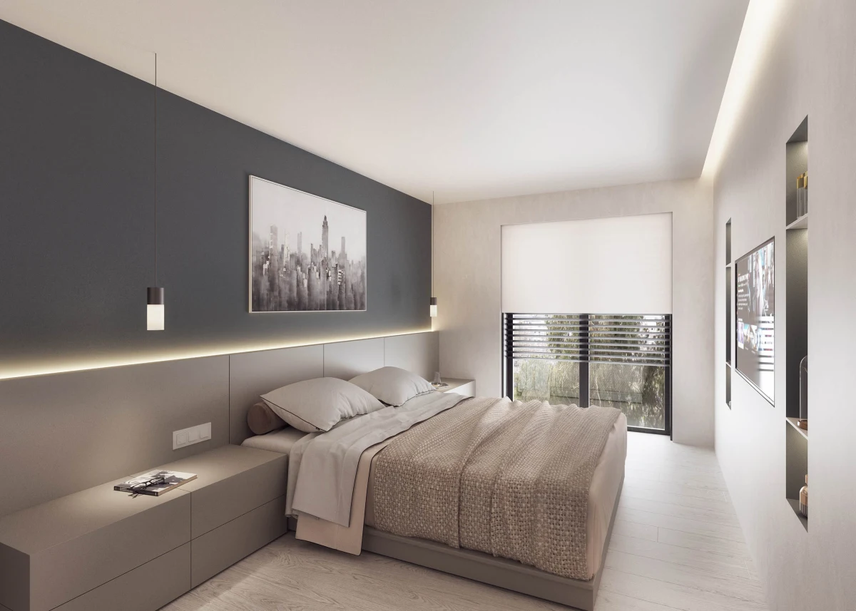 P2_Habitación principal op2 Casa JR bedroom with dark feature wall