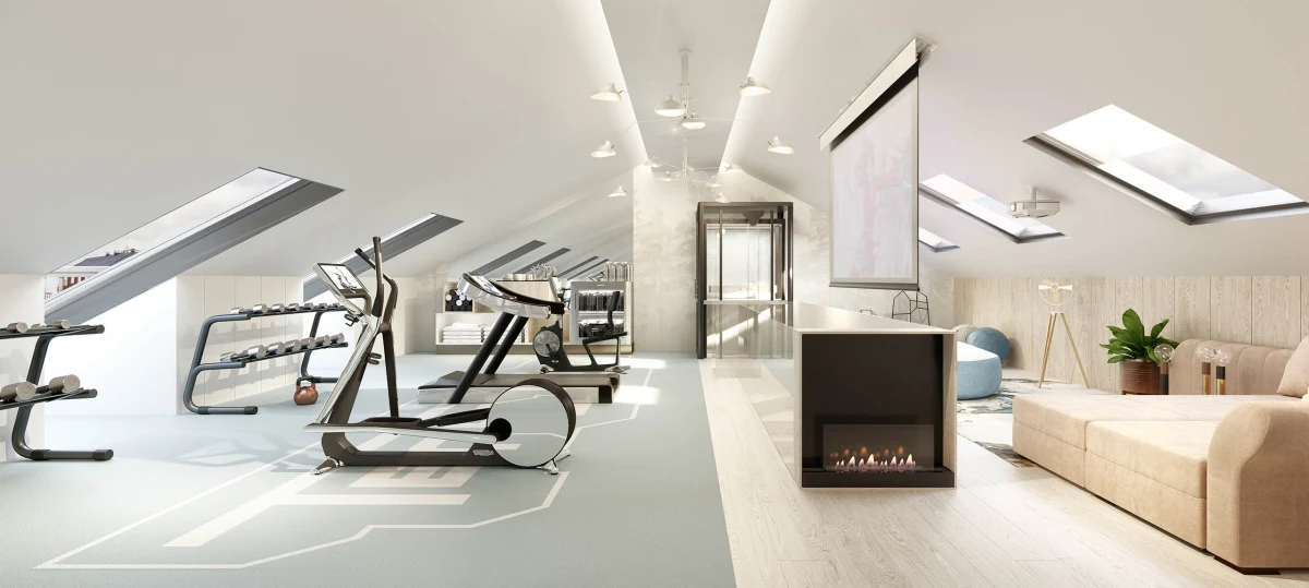 P3_Atico_cam frontal_02 Casa JR attic gym and lounge beneath rooflights