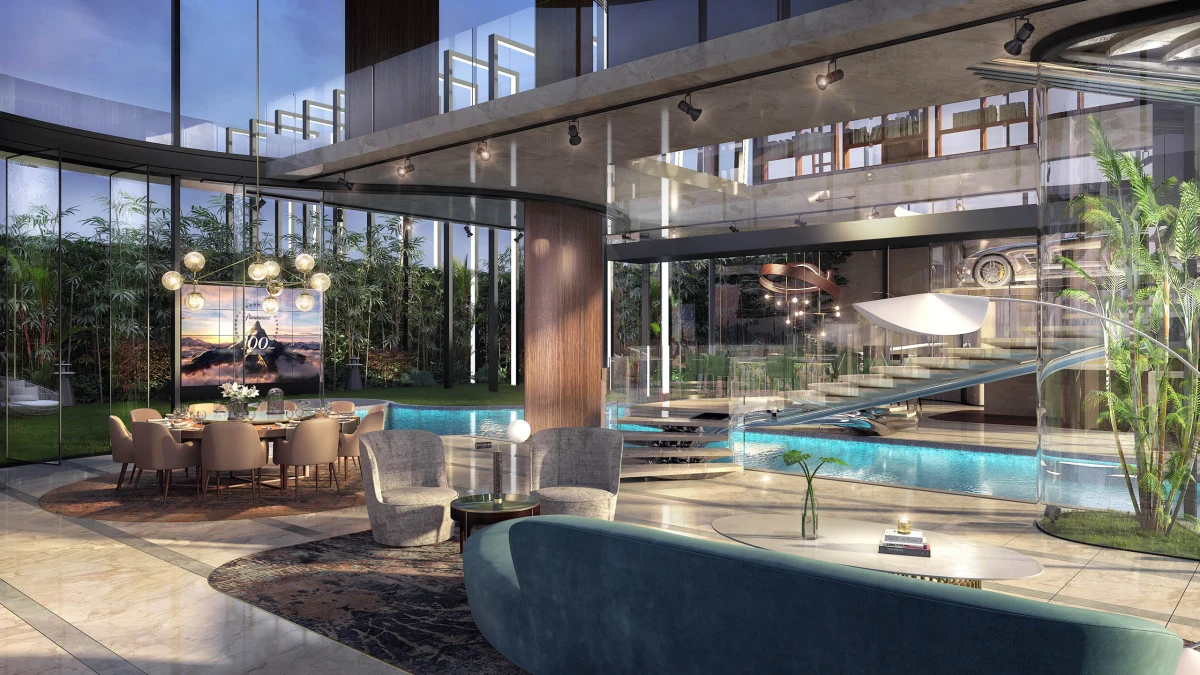 Salón de vivienda junto al lago abierto a la piscina