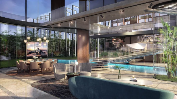 Lake house living room opening onto the pool