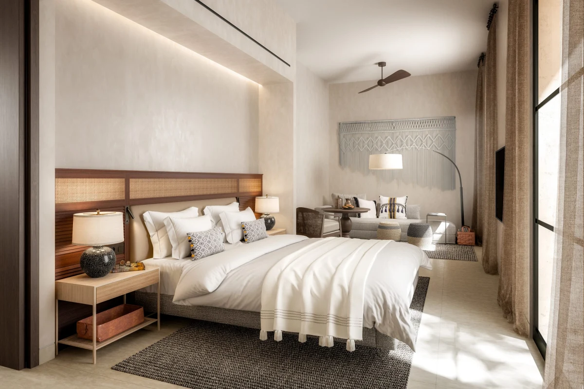 Mallorca Luxury Hotel-interior design-3d visualizations-spain-01 Dormitorio de hotel en Mallorca con pared de piedra