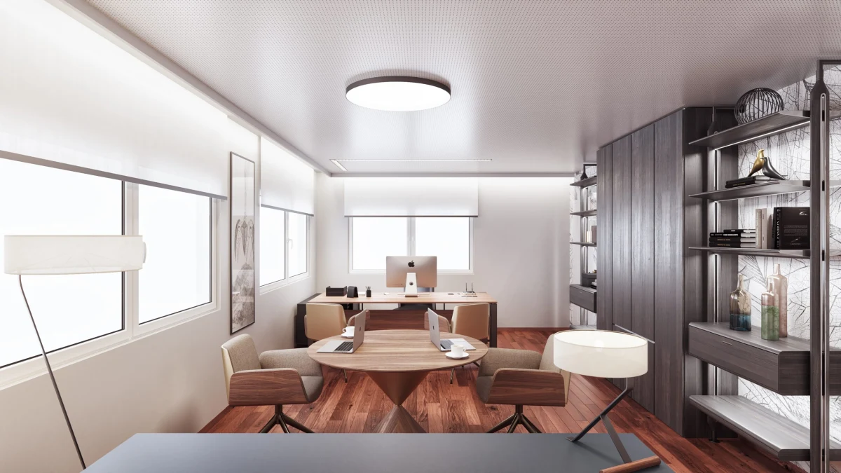 Office-FC-Interior design-3d visualization-ponferrada-01 Office FC workspace with timber desks and built-in bookcase