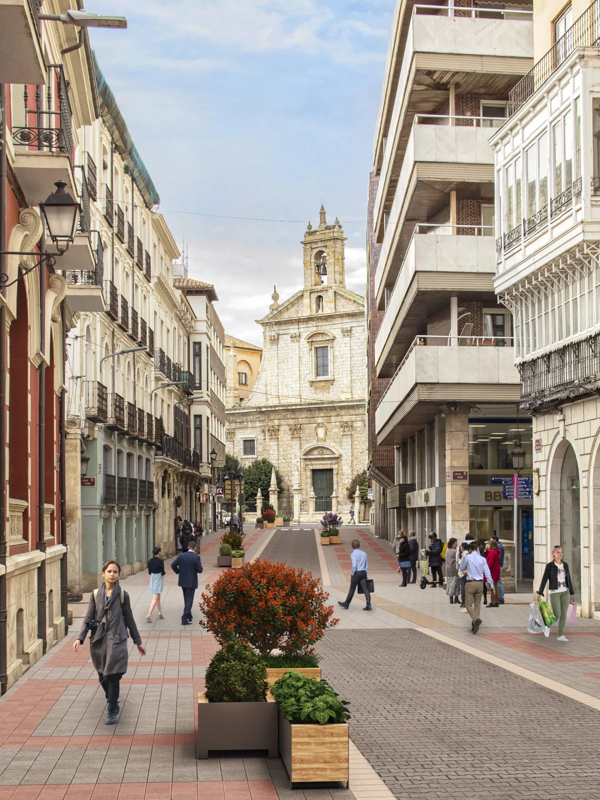 Visualización urbana de calle peatonal en el centro histórico de Palencia