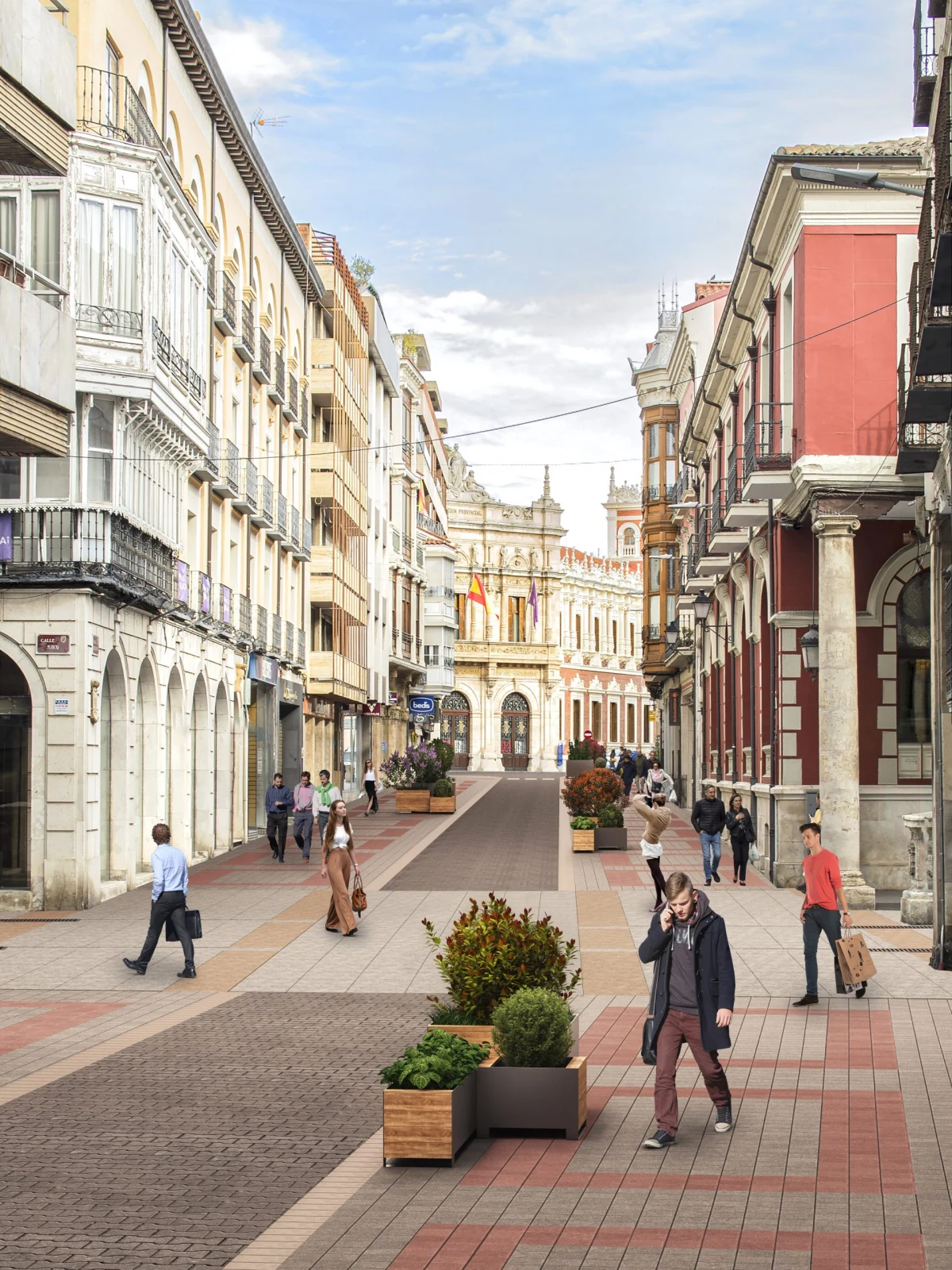 Visualización urbana de calle peatonal en el centro histórico de Palencia