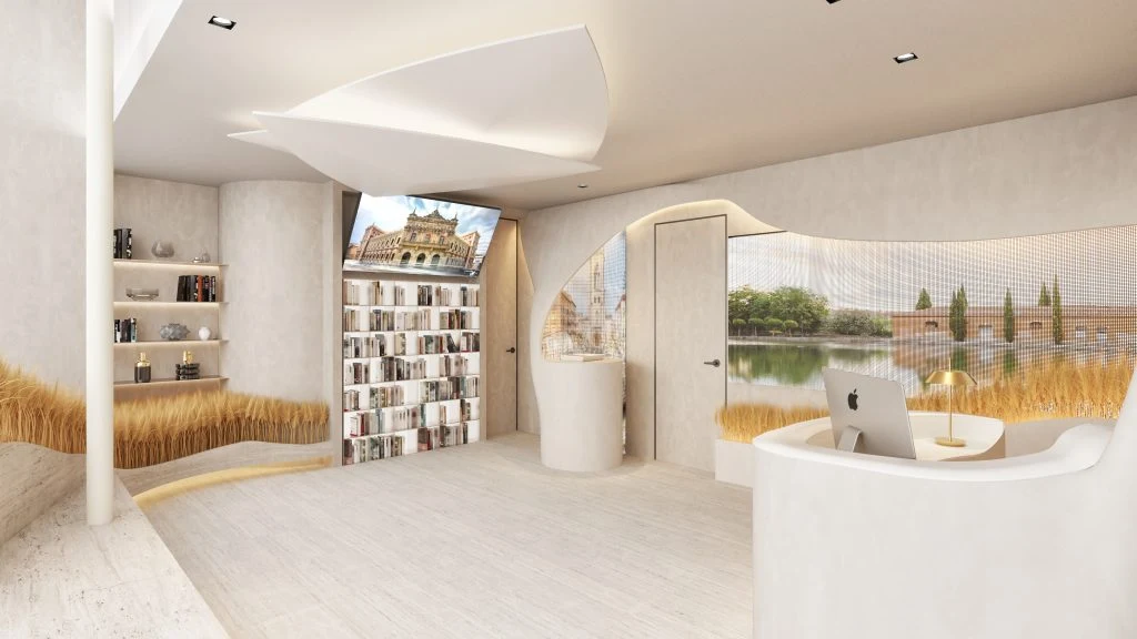 Villandrando building exhibition interior with curved displays