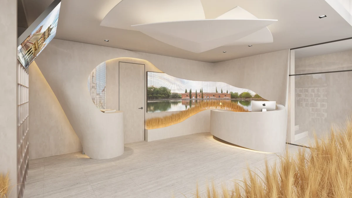 Villandrando building exhibition interior with curved displays