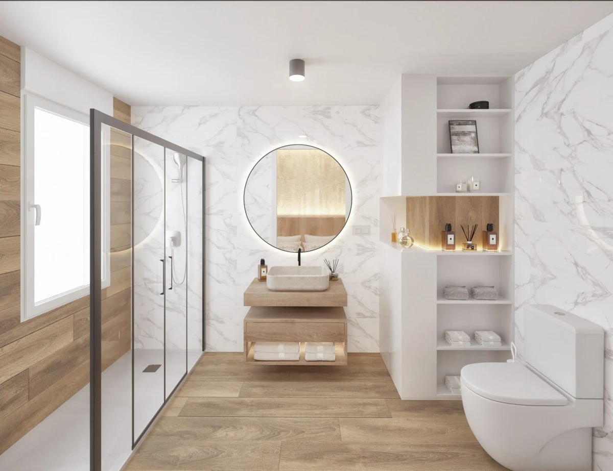 Baño habitación_op02 Baño de Casa L con espejo circular