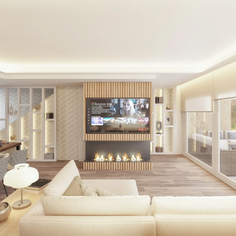 Casa L open living room with fireplace