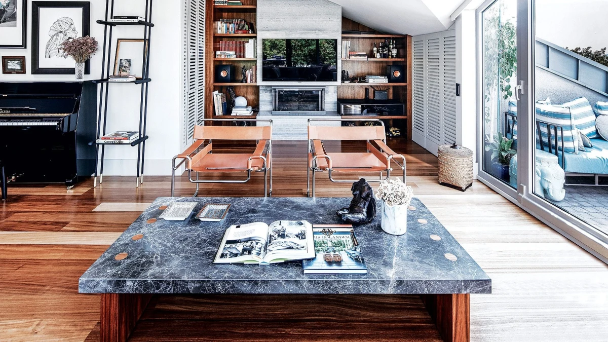 Contemporary living room with large coffee table and shelving