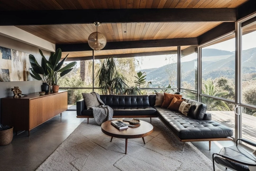 Living room with timber ceiling and panoramic mountain views