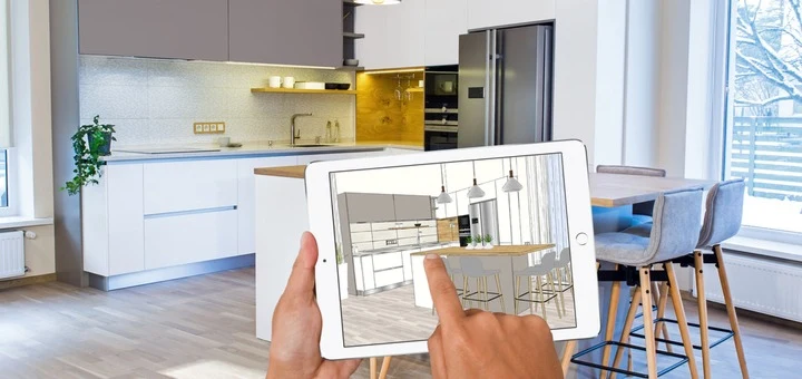 Tablet showing an augmented reality furniture preview