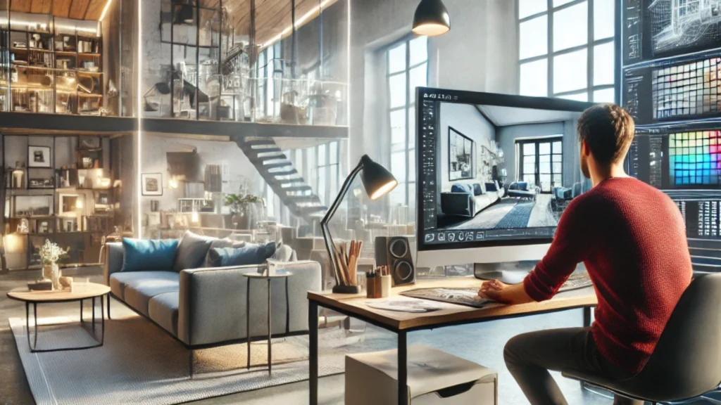 Designer working on interior visualizations at a computer