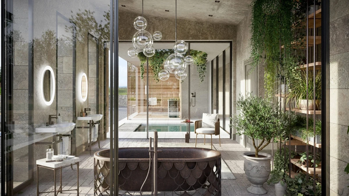 Bathroom rendering with bath and indoor planting