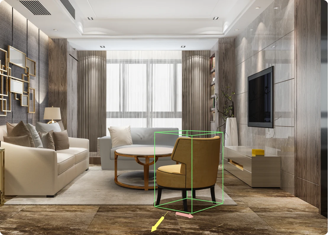 Living room rendering with armchairs beside a window